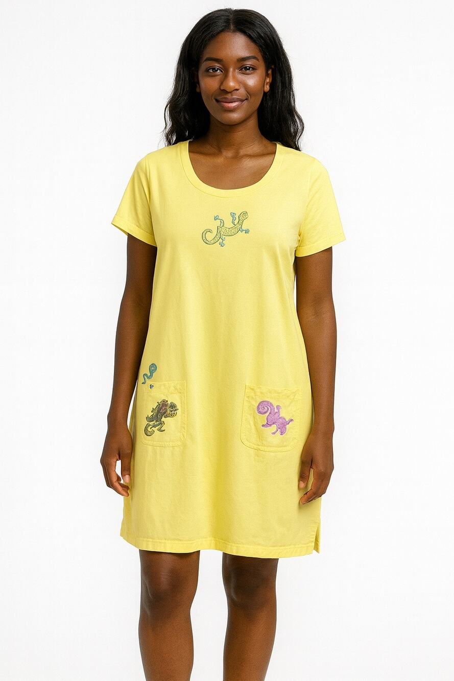 Vintage Tia Designs Pompano Beach Fl Yellow Dress w Embroidered reptile medium